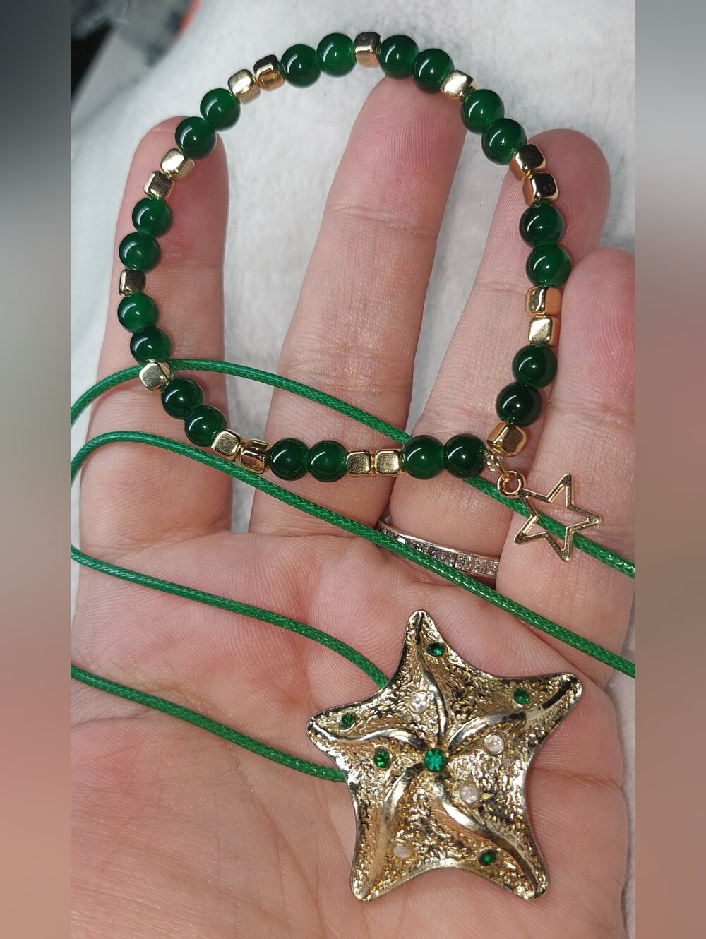 Gold Starfish Upcycled Pendant Necklace and Green Bead Bracelet Set